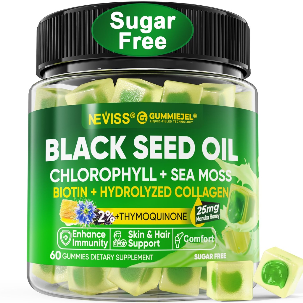 Black Seed Oil Gummies, Chlorophyll & Sea Moss Supplement 500 mg, Biotin 500mcg with Hydrolyzed Collagen for Skin, Hair & Nails, Vit E, C, çinko for General Health, Organic Cold Pressed, Highxia Abs