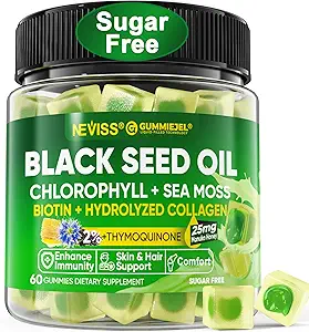 Black Seed Oil Gummies, Chlorophyll & Sea Moss Supplement 500 mg, Biotin 500mcg with Hydrolyzed Collagen for Skin, Hair & Nails, Vit E, C, çinko for General Health, Organic Cold Pressed, Highxia Abs