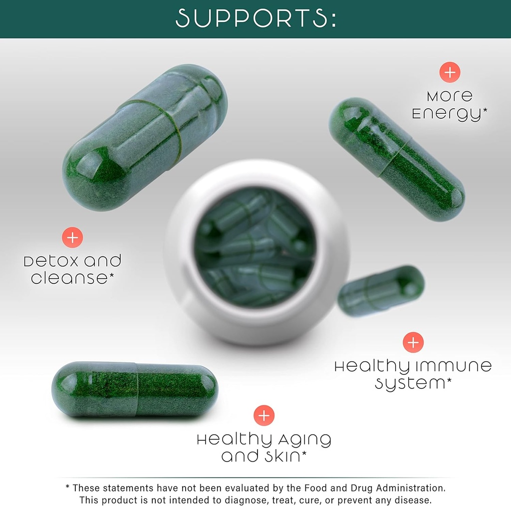 Teaveli Spirulina ve Chlorella Capsules ve Orgaic Barley Grass Juice