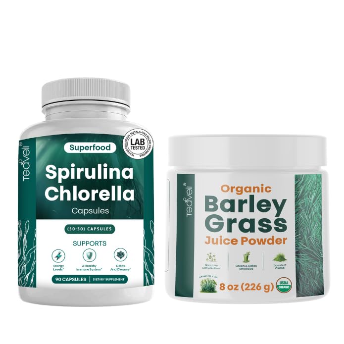Teaveli Spirulina ve Chlorella Capsules ve Orgaic Barley Grass Juice