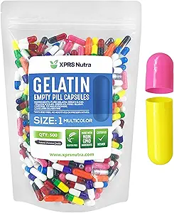 XPRS Nutra Μέγεθος 1 Κενές κάψουλες - 500 Count Empty Gelatin Κάψουλες - Χάπια DIY Καψάκιο Γέμισμα - Καθαρά καπάκια τζελ για τα χάπια Bovine για το Do-It-Yourself Συμπληρώματα (Multi Color)