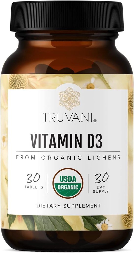 Truva Organik Vitamin D3 - Plant-Based, USDA Organik, Gluten-Free, Non-GMO, Vegan D3 Supplement - Supports Bone, Immune & Brain Health - 30 Tabletler