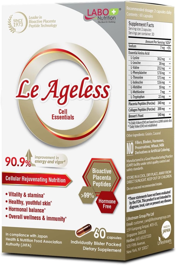LABO Beslenme Le Ageless – Placenta Hücre Japonya'dan Tedavi – Collagen Peptide ve Brewer's Yeast to Supports Immune Health, Skin Rejenerasyon, Anti-Aging – 60 Capsules