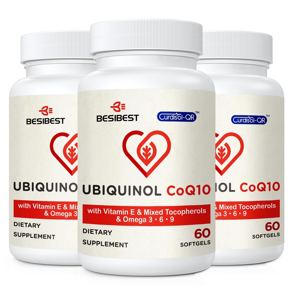 Ubiquinol CoQ10-600 mg-Softgel, Active Coq10 Ubiquinol Supplement with Vitamin E & Omega 3, 6, 9, High Abxia-Coenzyme-Q10, Güçlü Enerji Üretimi için Antioksit, Test Edildi, 180