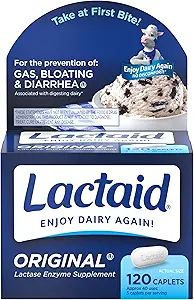 Lactaid Original Strength Lactose intolerance Relief Caplets with Natural Lactase Enzyme, Diyeter Supplement to Help Gas, Bloating & Diarrhea Due to Lactose Hassasiyet, 120 ct