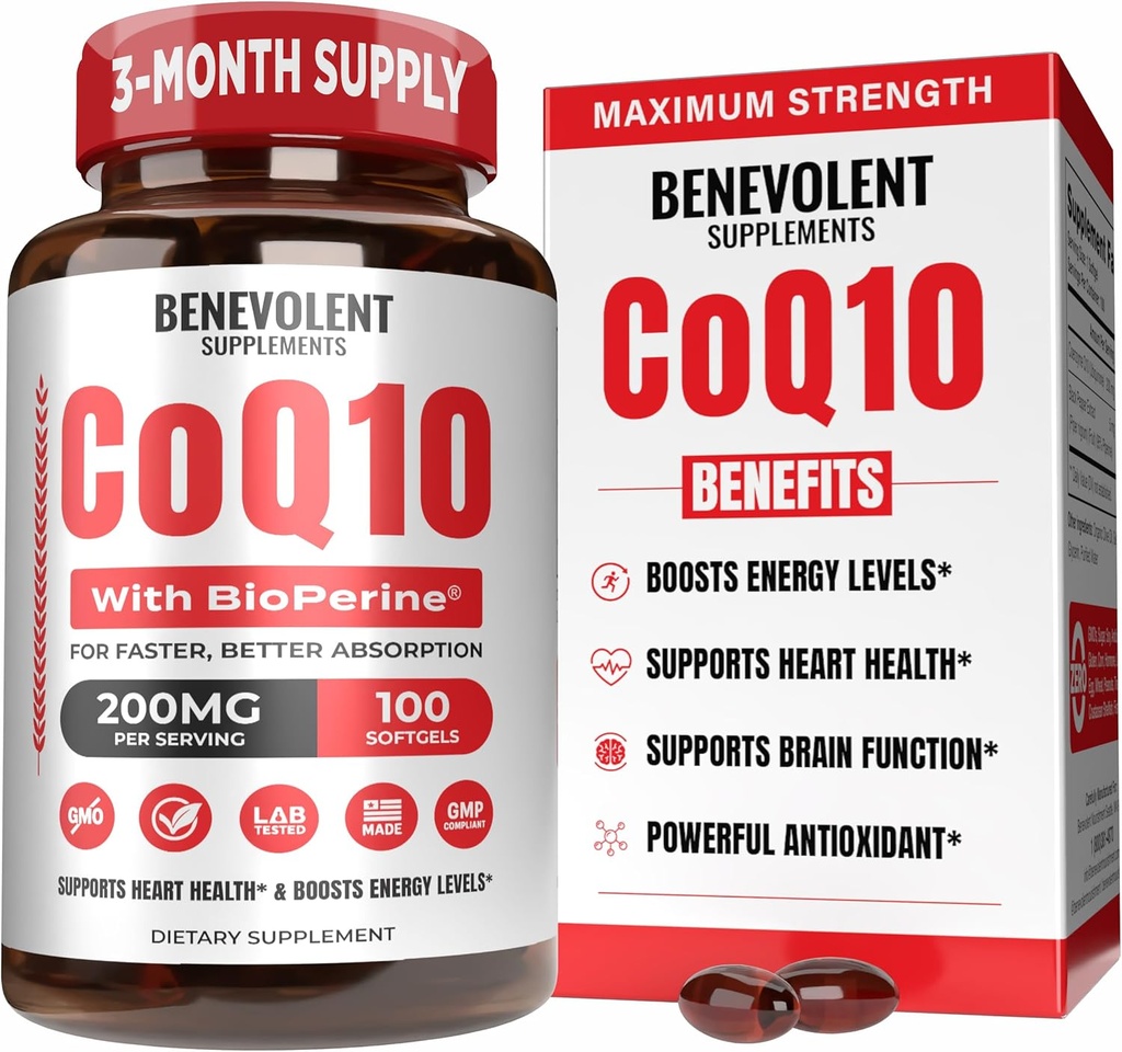 Ευεργετικό καθαρό CoQ10 200mg Softgels με BioPerine® για μέγιστη απορρόφηση, Ubiquinone Coenzyme Q10 συμπλήρωμα για την υγεία της καρδιάς, την παραγωγή ενέργειας, την υγιή γήρανση & αντιοξειδωτική υποστήριξη, 100 Softgels