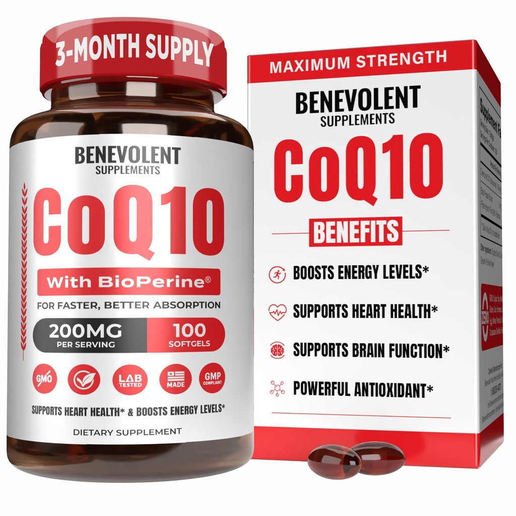 Ievolent Pure CoQ10 200 mg Softgels with BioPerine® for Max Abors, Ubiquinone Coenzyme Q10 Supplement for Heart Health, Energy Production, Sağlıklı Aging & Antioksit Desteği, 100 Softgels