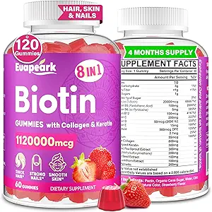 Kadınlar ve Erkekler için Biyotin Gummies, 1 Organik Formula, Max Strength Biotin ve Collagen Gummies with Keratin, Folic Acid & Vitamins, for Hair growth, Skin and Nails Supplement, Sugar Free,120 Count