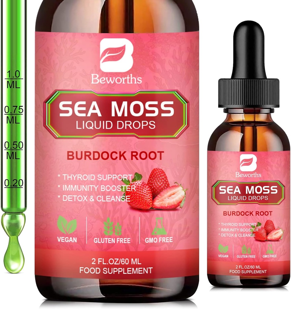 Sea Moss Liquid Drops - Organik İrlandalı Deniz Moss Gel Spirulina, Bladderwrack, Burdock Root, Seamoss Gel Ortak, Gut Cleanse & Digestion Support - 2 Fl Oz, Vegan
