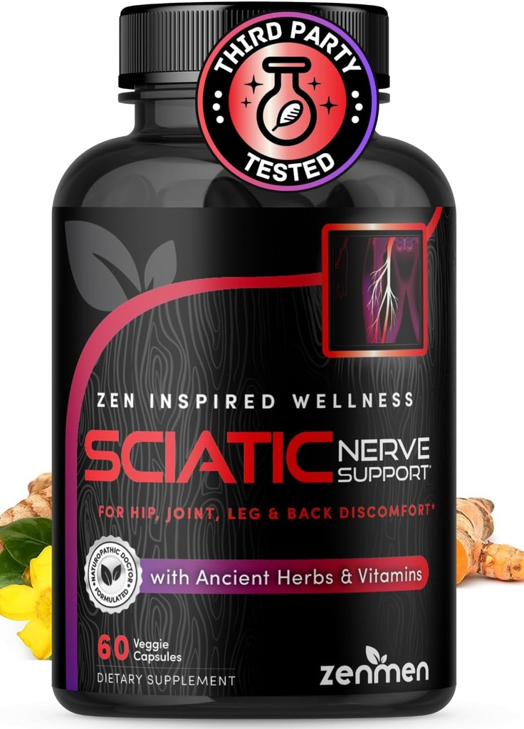 Sciatic Nerve Support Capsules - Control Lower Back, Joint & Leg Issues - Vitamins B1, B6, B12 & Magnezyum, Natural Herbs - 60 Vegan Capsules, Third Party Tested, 30 Day Supply, Made in the USA