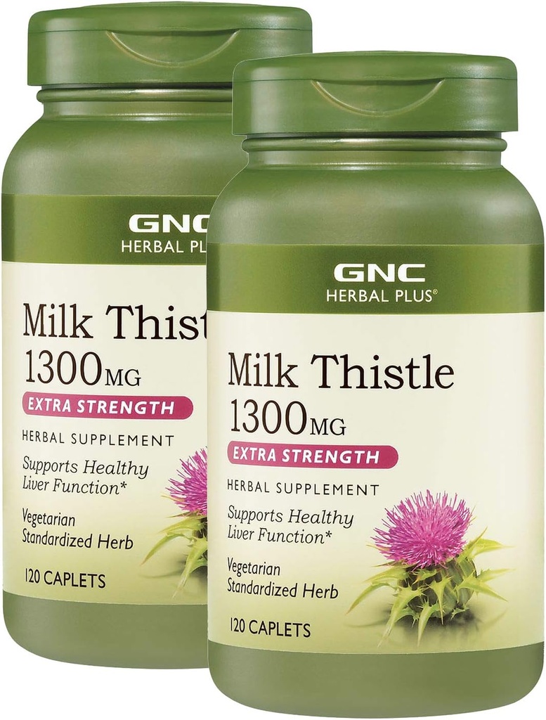 GNC Herbal Plus Γαϊδουράγκαθο γάλακτος 1300mg, Twin Pack, 120 Caplets ανά φιάλη, Υποστηρίζει υγιή λειτουργία του ήπατος