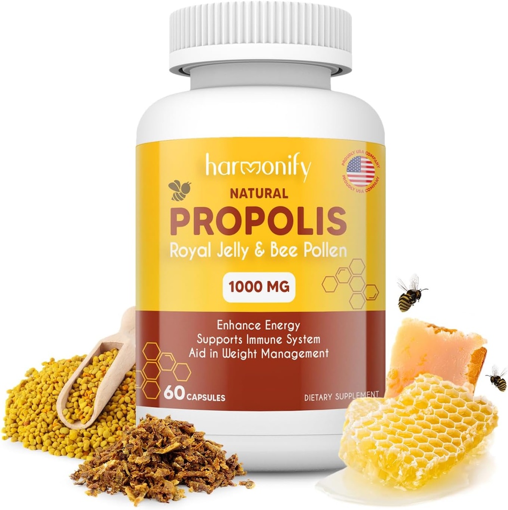 Bee Γύρη Propolis βασιλικό εκχύλισμα ζελέ με χαρούπι, καθαρό συμπλήρωμα ανοσοποίησης, χωρίς γλουτένη, κάψουλες χορτοφάγων, 1000 mg