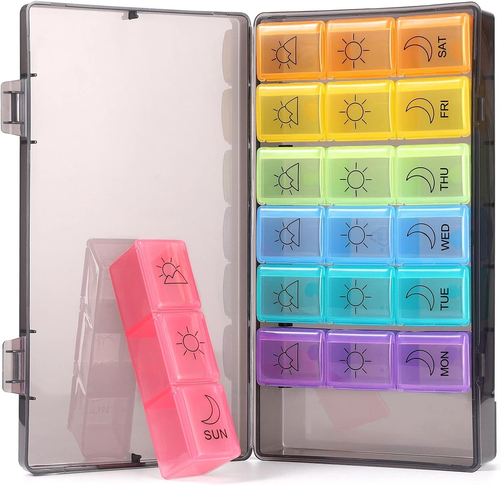 Haftalık Pill Organizer 7 Gün 3 Times, Portreatif Pill Organizer, Honda Free Pill Case, Travel Daily Pill Box Hatırlatma, İlaçlar Vitaminler için Organize Ediyor, Supplements (Rainbow)