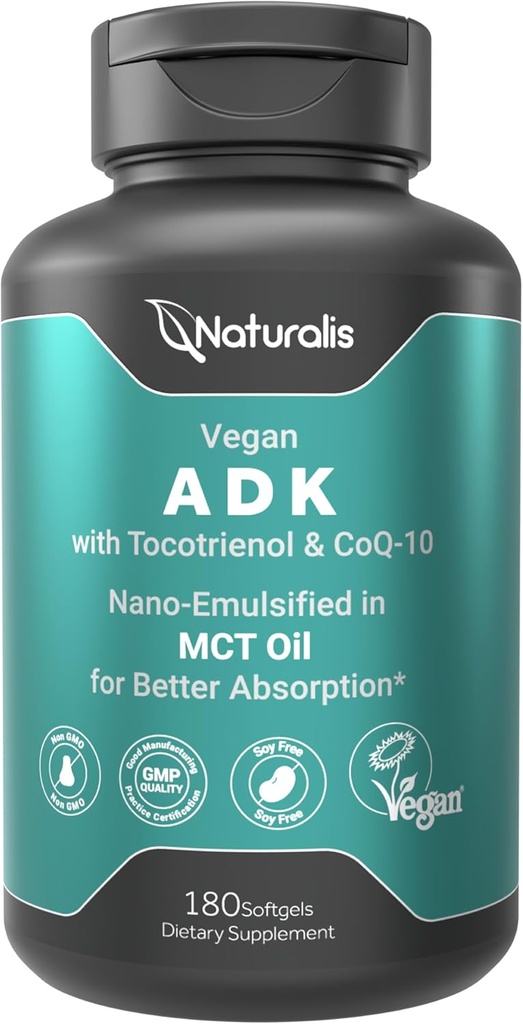 Naturalis Vegan Vitamin ADK 50 mg Tocotrienol ve CoQ-10 | Nano-Emulsified in EVOO for Better Absoprtion | Non-GMO, Soy Free and Vegan Society sertifikalı | 180 Veggie Softgels (Carrageenan Free)