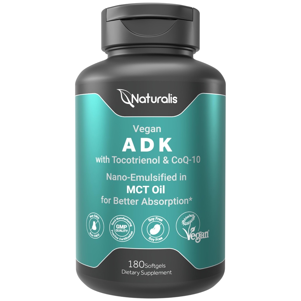 Naturalis Vegan Vitamin ADK 50 mg Tocotrienol ve CoQ-10 | Nano-Emulsified in EVOO for Better Absoprtion | Non-GMO, Soy Free and Vegan Society sertifikalı | 180 Veggie Softgels (Carrageenan Free)