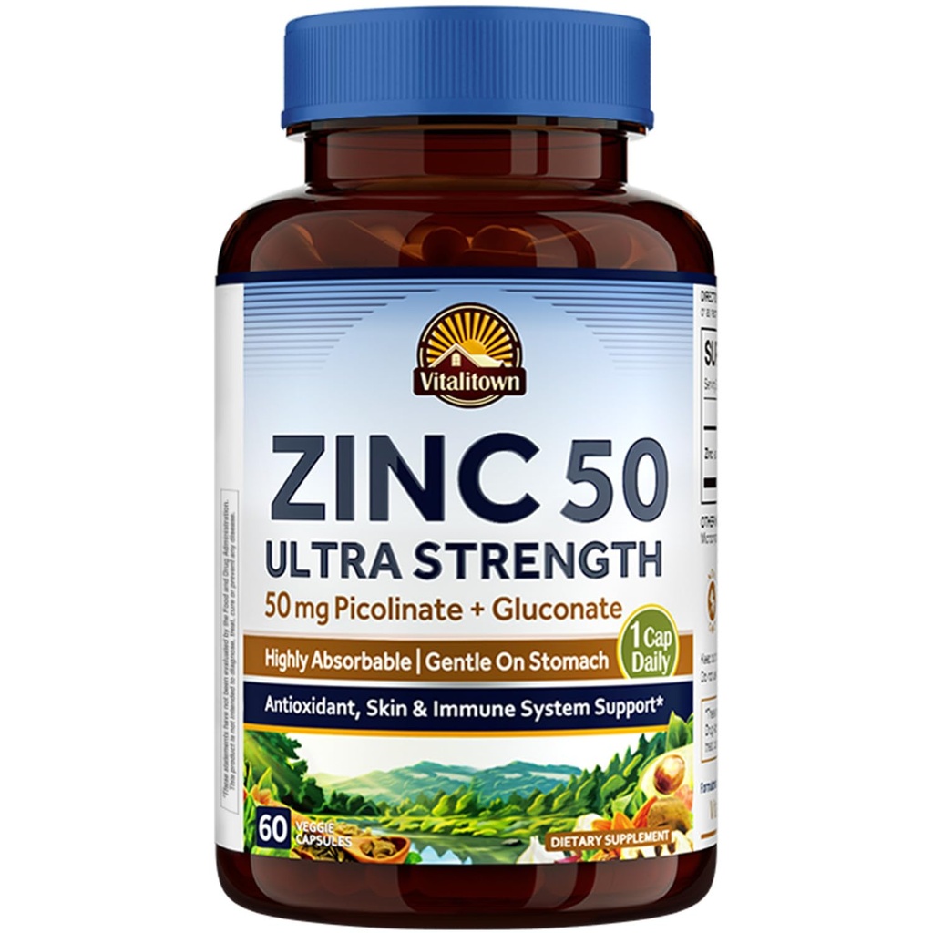 Vitalitown Chelated çinko 50 mg, çinko Picolinate & Gluconate, 60 Veggie Capsules, Well-Absorbed, Immune System, Sağlıklı Skin & Development, Vegan, NO Gluten, Non-GMO