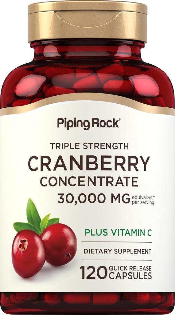 Piping Rock Cranberry Pills | 30,000 mg | 120 Capsules | Supplement for Women & Men | Triple Strength Inter Extract Plus C | Non-GMO, Gluten Free