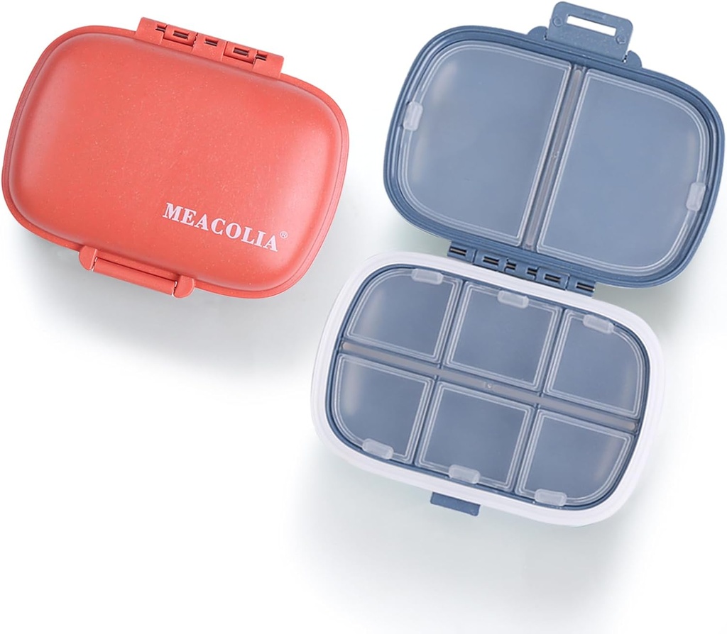 MEACOLIA 2 Pack 8 Karşılaştırmalı Seyahat Pill Organizer Box Moisture Kanıt Küçük Pill Case for Pocket Purse Daily Pill kazanan Konteyner for Medicine Vitamin (Dark Blue & Red)