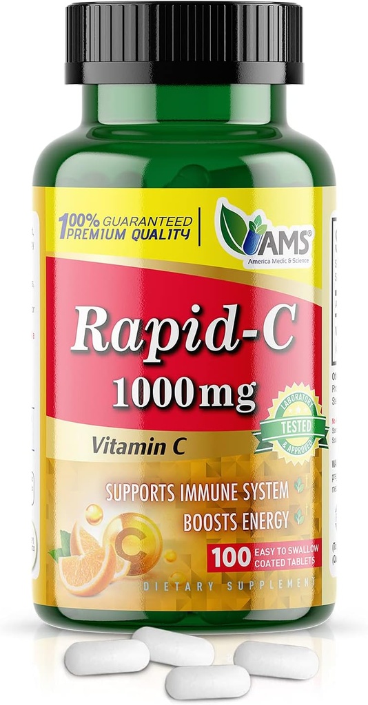 America Medic & Science Rapid-C 1000mg Συμπλήρωμα βιταμίνης C (1 συσκευασία των 100 δισκίων) Ενεργειακός ενισχυτής, Καθημερινή υποστήριξη ανοσοποιητικού συστήματος, Αντιοξειδωτικό 