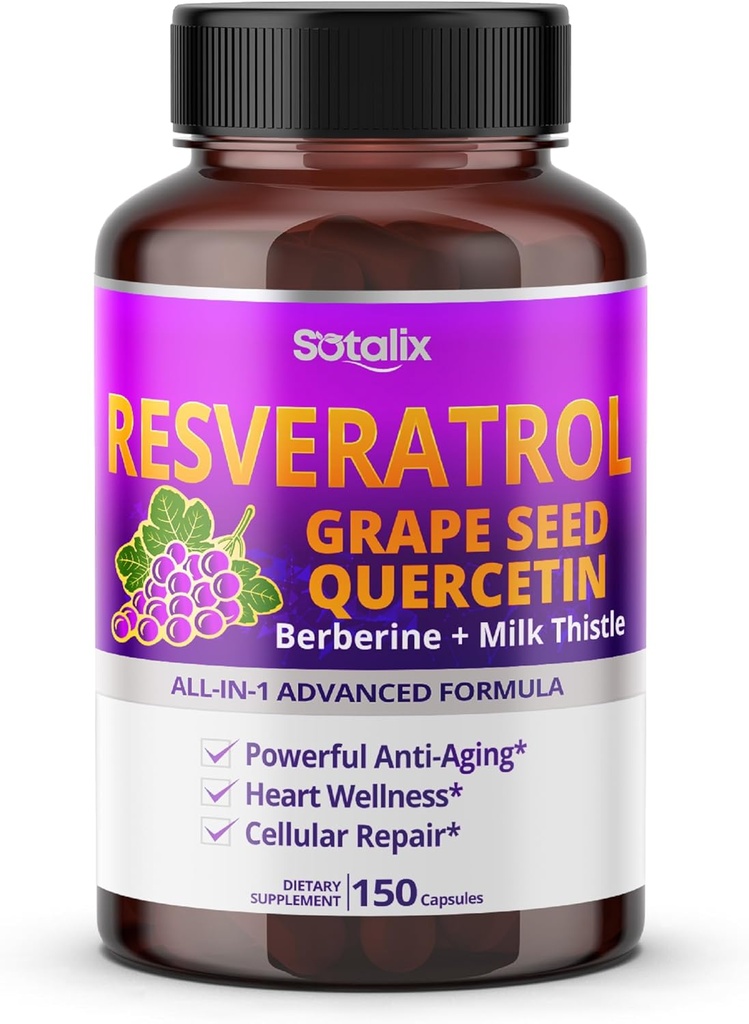 Resveratrol με σπόρων σταφυλιών + Quercetin Μπερμπερίνη + Γαϊδουράγκαθο Γάλα Ισχυρή κατά της γήρανσης - ΗΠΑ Made & Tested (Προμήθεια 150 ημερών (πακέτο του 1))