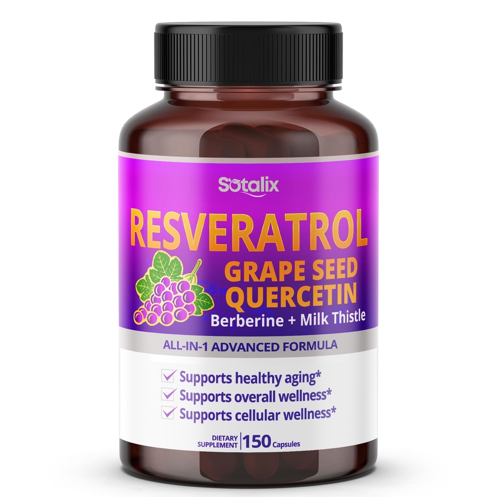 Resveratrol με σπόρων σταφυλιών + Quercetin Μπερμπερίνη + Γαϊδουράγκαθο Γάλα Ισχυρή κατά της γήρανσης - ΗΠΑ Made & Tested (Προμήθεια 150 ημερών (πακέτο του 1))