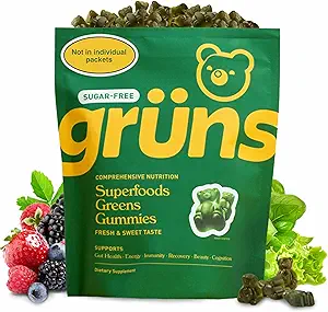 Gruns Yetişkin Sugar-Free Super Greens Gummies - Superfood Gummy Bears with Spirulina, Chlorella, Fiber & Prebiyotiks for Digestive Health, Adaptogen Supplement with 20 Vitamins & Minerals, 2 Hafta Supply