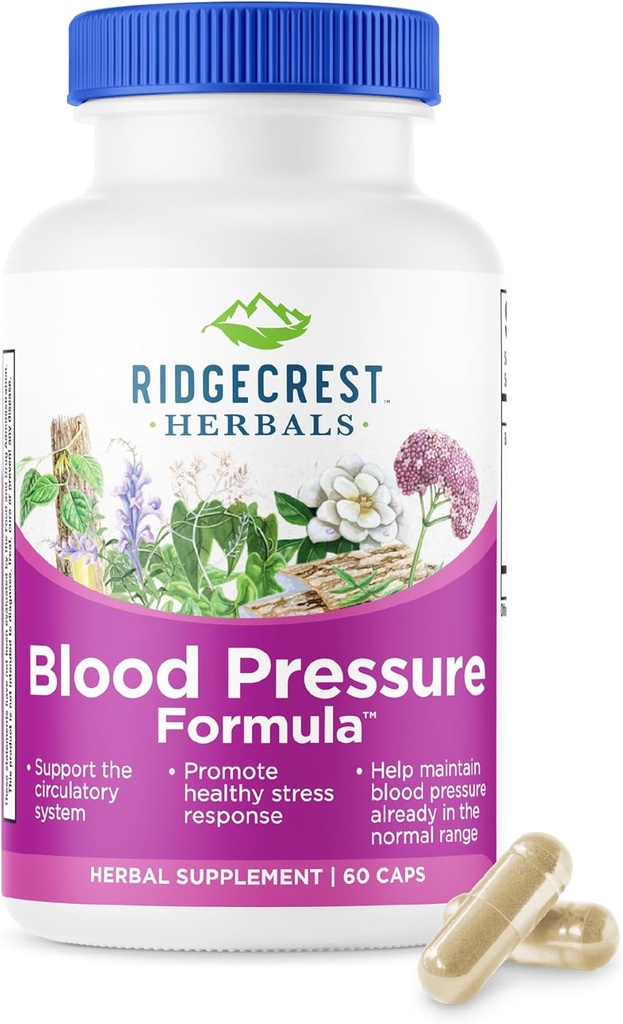 RidgeCrest Herbals Blood Pressure Herbal Formula, 12 Herbs, Poria Mushroom, Gastrodia, Gardenia, for Heart, Vascular, Circulation Health (60 Count (Pack of 1))