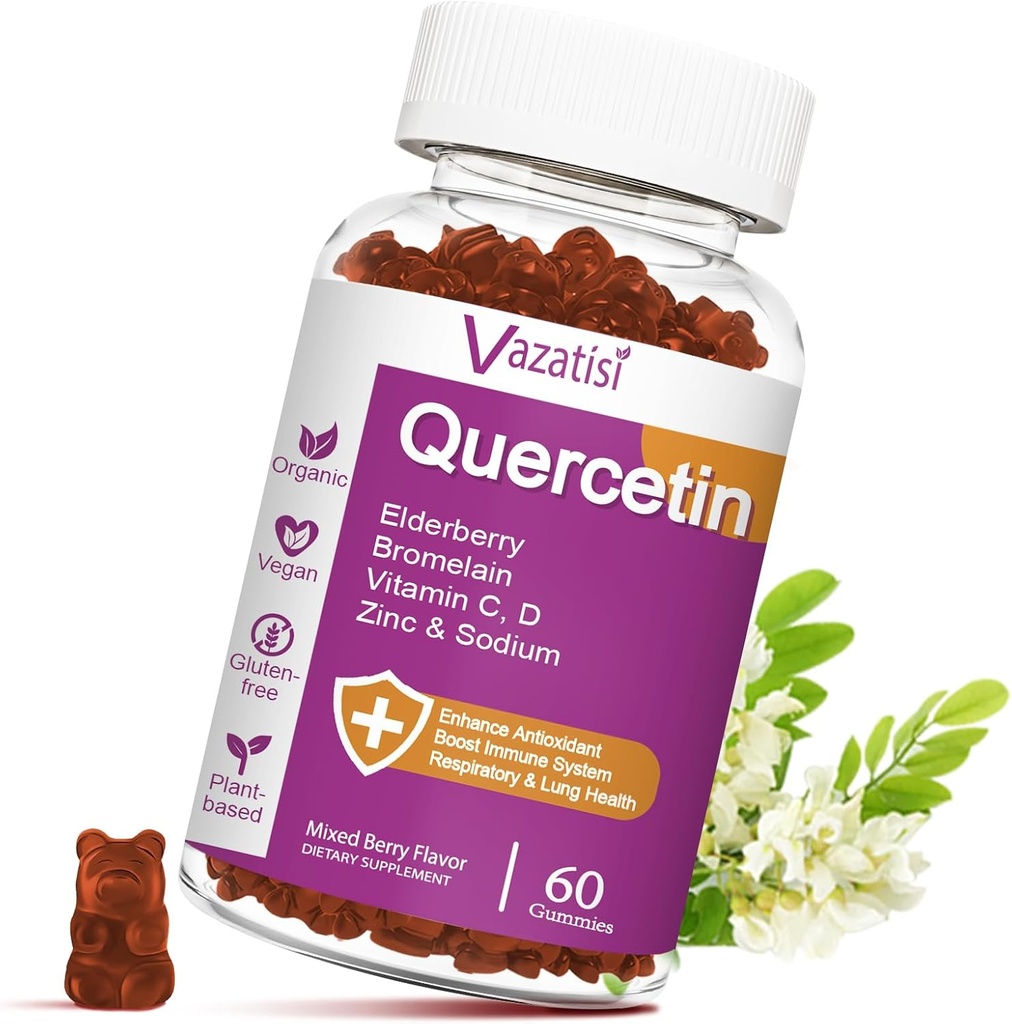 Quercetin Gummies, Quercetin, C Çinko, Bromelain, Elderberry ve D vitamini ile, Immune Support Yetişkinler Çocuklar, Kadınlar, 60 Gummies Chewableable