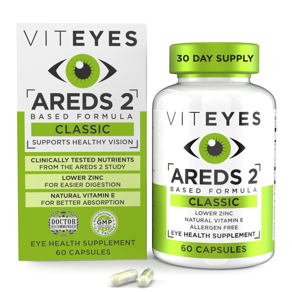 Viteyes AREDS 2 Eye Vitamins, Classic Macular Support, Allergen Free Capsules, Natural Vitamin E, Vitamin C, çinko, Copper, Lutein & Zeaxanthin, Eye Doktor Trusted, ABD'de 60 Ctt