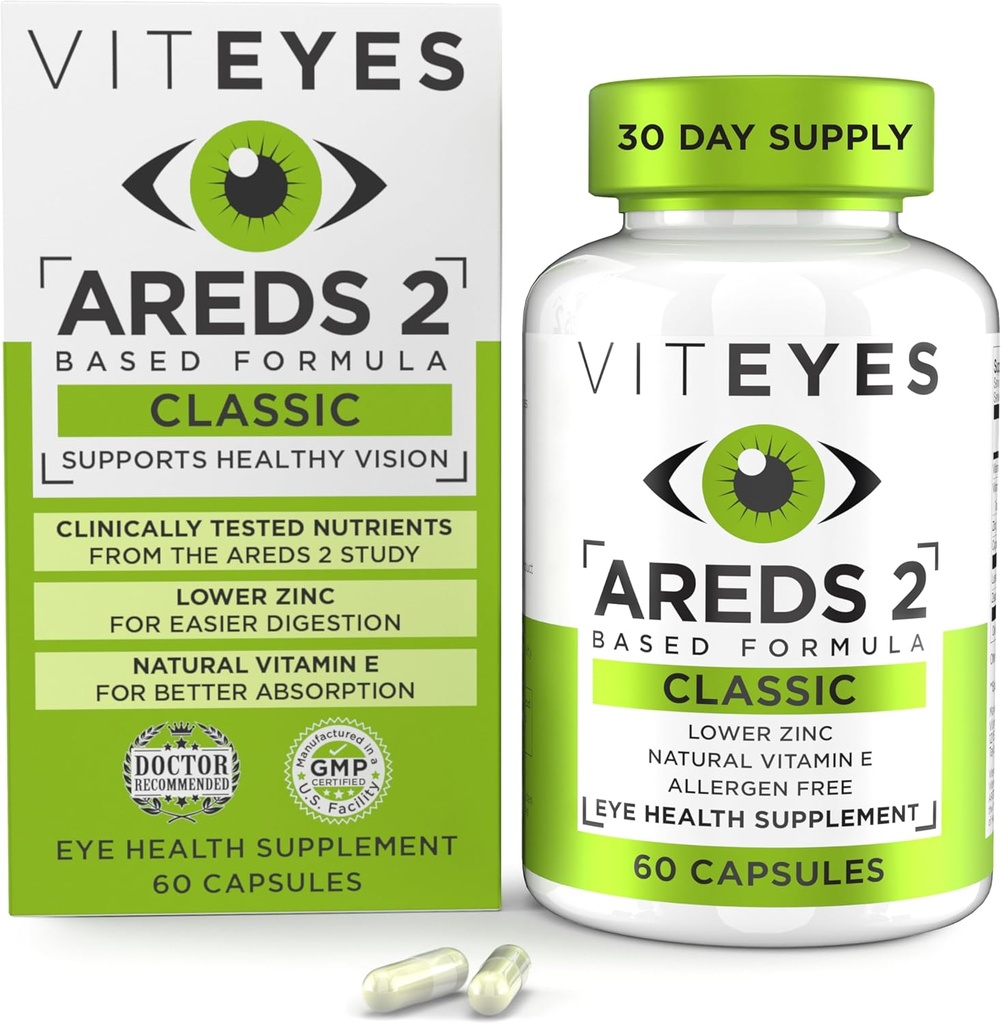 Viteyes AREDS 2 Eye Vitamins, Classic Macular Support, Allergen Free Capsules, with Natural Vitamin E, Vitamin C, Zinc, Copper, Lutein & Zeaxanthin, Eye Doctor Trusted, Manufactured in The USA, 60 Ct