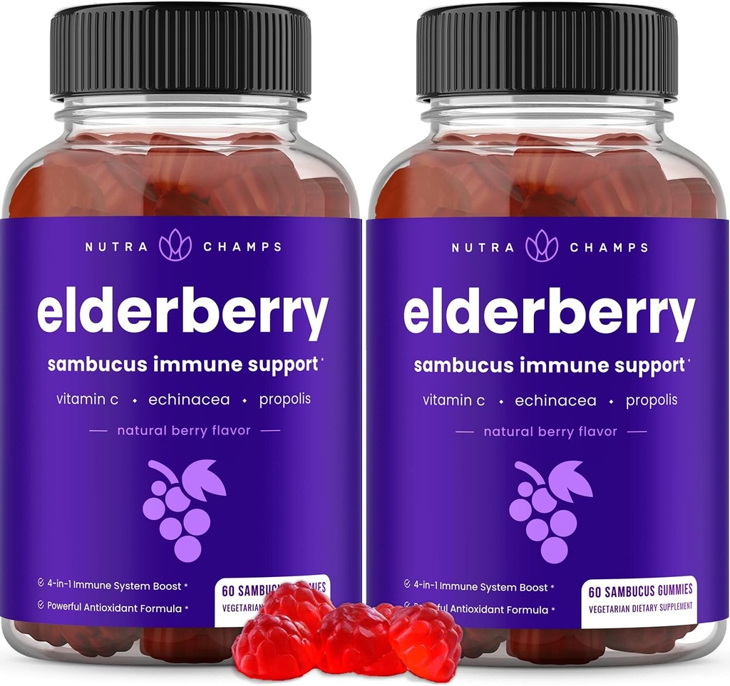 NutraChamps Elder Gummies, Sambucus Elderberry Gummies for Yetişkinler & Çocuklar, C, Propolis & Echinacea, Max Strength Immune Support Gummies, Natural Berry Flavor, 120 Gummies (Pack of 2)