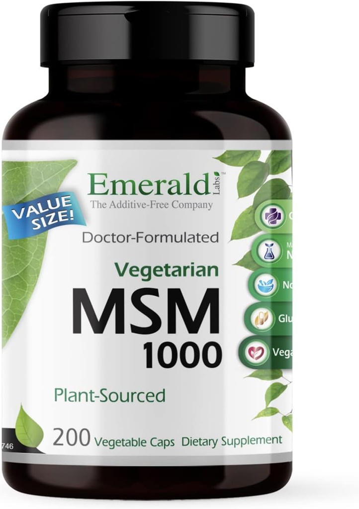 EMERALD LABS MSM 1000mg - Joint, Liver & Immune Support Supplement with Methylsulfonylmethane - Gluten-Free & Additive-Free - 200 Vegetable Capsules (Up to 100-Day Supply)