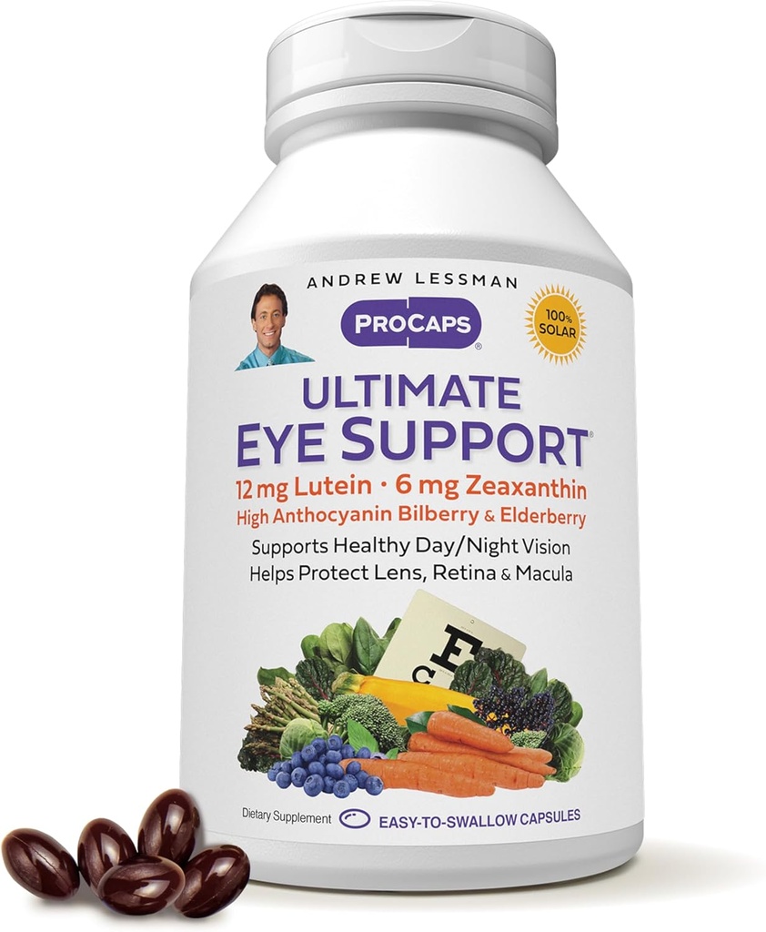 ANDREW LESSMAN Ultimate Eye Support 60 Softgels - 12 mg Lutein, 6 mg Zeaxanthin, Bilberry, Key Nutrients to Support Eye Health and Opti Health Katkı yok. Swallow Yumuşak