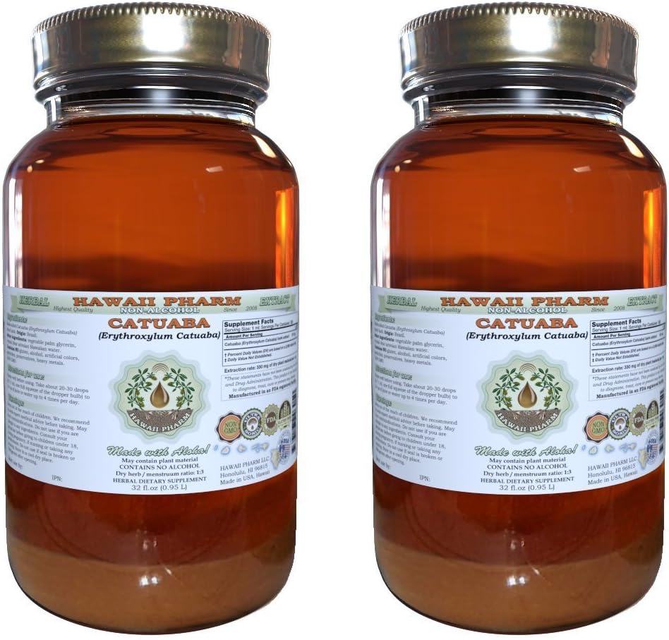 Catuaba Alcohol-Free Liquid Extract, Catuaba (Erythroxylum Catuaba) Dried Bark Glycerite Hawaii Pharm Natural Herbal Supplement 2x32 oz Unfiltered