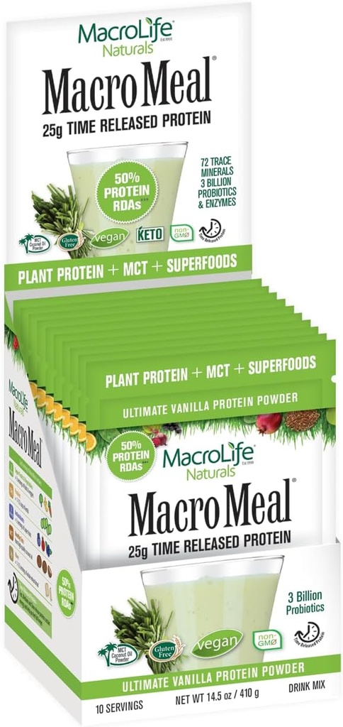 MacroLife Naturals MacroMeal Vegan Vanilla Superfood Supplement Toz Protein + Yeşiller, Probiyotikler, Digestive Enzymes, Fiber - Enerji, Detox, Immune - Non-GMO, Gluten-Free- 10 Packet Servisleri