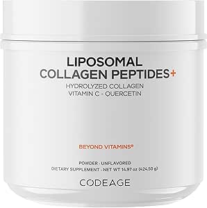 Codeage Liposomal Collagen Peptides Powder + Vitamin C & Quercetin, Phospholipid Complex, Grass-Fed Pasture-Raised Hydrolyzed Collagen Type I & III Supplement All-in-One, Non-GMO, 14.97 oz