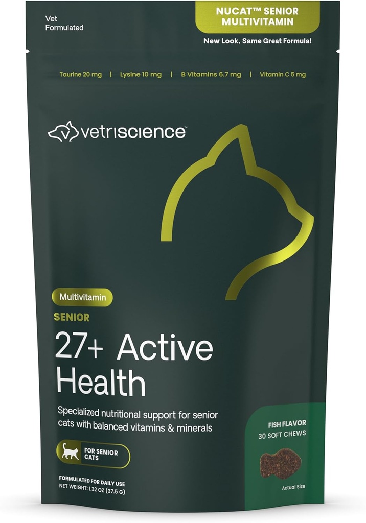 VetriScience Senior 27+ Active Health Chews, Nu Cat Daily Multivitamin for Senior Cats, Ισορροπημένες Βιταμίνες, Ορυκτά και Αντιοξειδωτικά, Υγιεινή γήρανση και υποστήριξη ευεξίας, Ψάρια, 30 Count