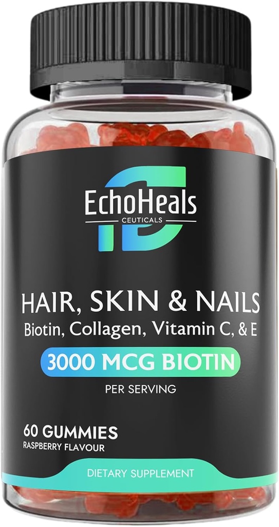 Saç, Skin & Nail Gummies | Biotin Collagen Vitamin C & E Supplement | 3000 Live Biotin | Raspberry Flavored | 60 Gummies
