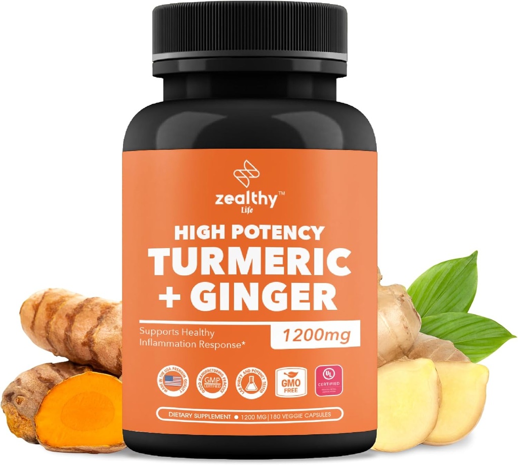 Turmeric + Ginger Capsules 1200 mg | Ortak Konfor, Inflammation Support & Digestive Health* | 180 | Zealthy Life High Potency Turmeric Ginger Supplement | 1200 mg