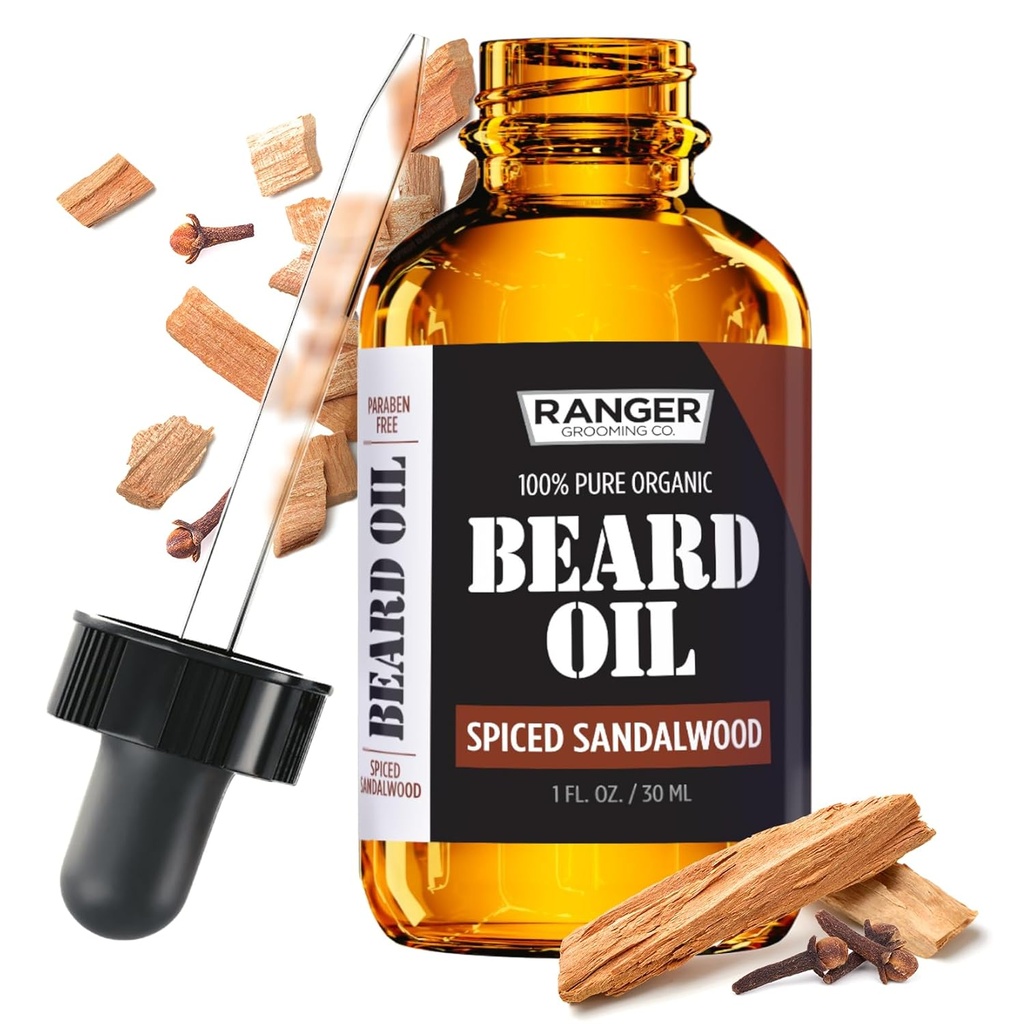 Leven Rose Spiced Sandalwood Beard Oil & Leave In Conditioner by Ranger Grooming Co, 100% Καθαρό Φυσικό Βιολογικό για Καλλωπισμένους Γονείς, Μουστάκια, και Ενυδατωμένο Δέρμα 1 oz