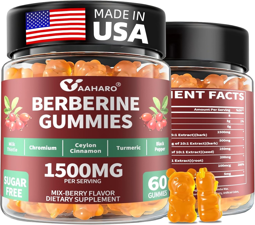 Ceylon Cinnamon Gummies - 1500 mg Berberine HCI Supplement with Chromium,Turmeric and Milk Butle - Immune Support - for Women & Men - 60 Sugar Free Gummies