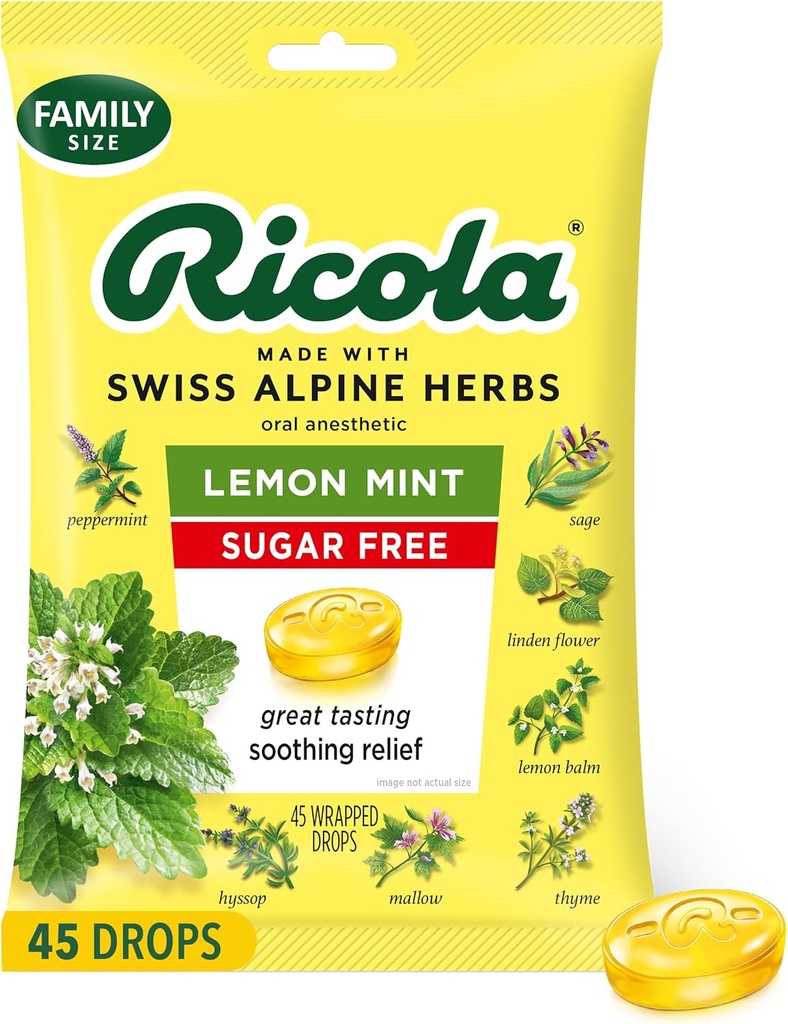 Ricola Sugar Free Lemon Mint Throat Drops, 45 Kont, Minor Throat Irritations, Oral Anesthetic