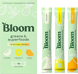 Bloom Beslenme Superfood Greens Toz Stick Packs, Probiyotikler ve Prebiyotikler ile Digestive Enzymes, Gut Health, Kadınlar için Bloating Relief, Chlorella, Green Juice Mix, 18 SVG, Tropikal Çeşitli Çeşitlilik