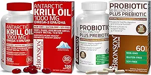 Bronson Probiyotik 50 Milyar CFU + Prebiyotik with Apple Polyols & Pineapple Fruit Ekstrac Antarktika Krill Oil 1000 mg with Omega-3s EPA DHA