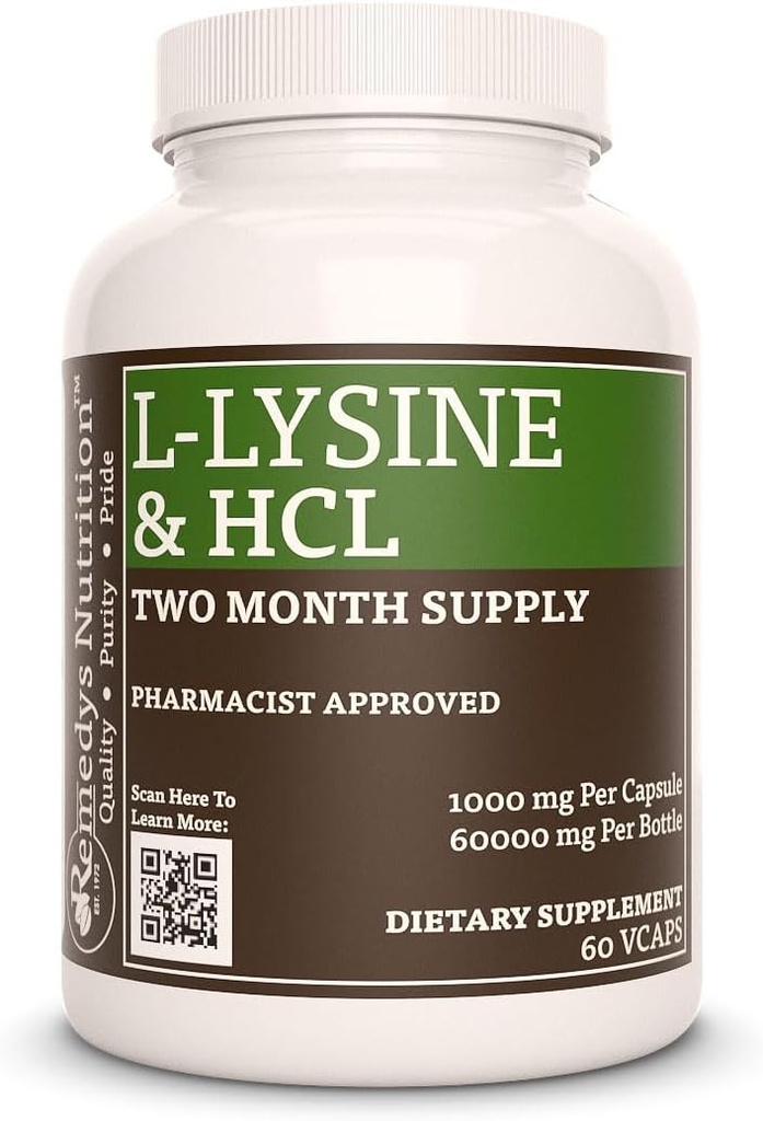 Remedy'nin beslenme L-Lysine HCL | 1.000 mg, 60 Vegan Capsule Amino Asit Diyeter Supplement | İki Ay Supply