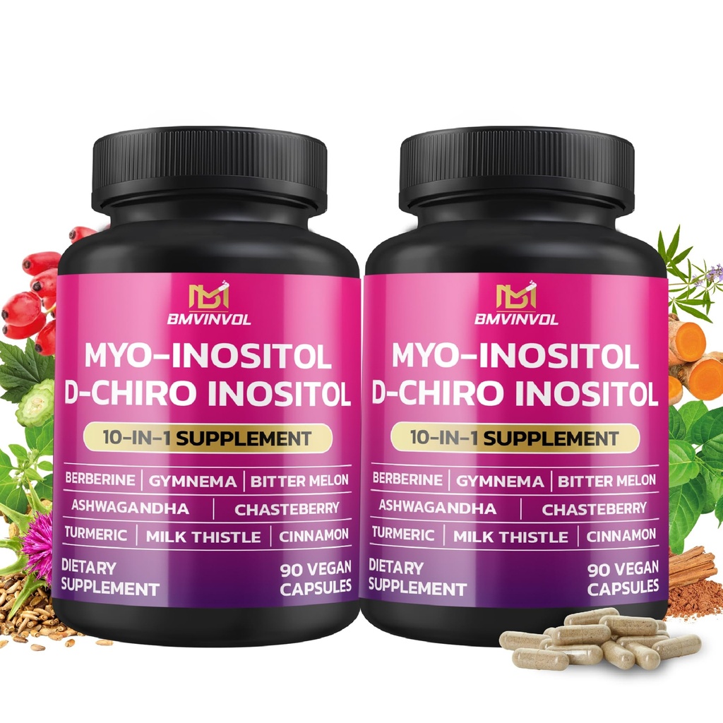 BMVINVOL 2 Pack Inositol Supplement-Myo-Inositol ve D-Chiro Inositol Ideal 40:1 - Plus Berberine, Cinnamon, Ashwagandha+5 Daha-60 Gün Supply