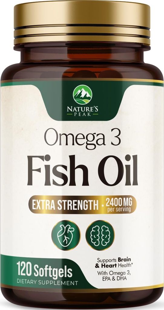 Omega 3 Fish Oil 2400 mg Supplement, Sustainable Sourced, Triple Strength Omega-3 Supplement Softgels, Brain Health Support, EPA & DHA Fish Oil Fatty Acids Supplements, Gluten & GMO Free, 120 Softgels