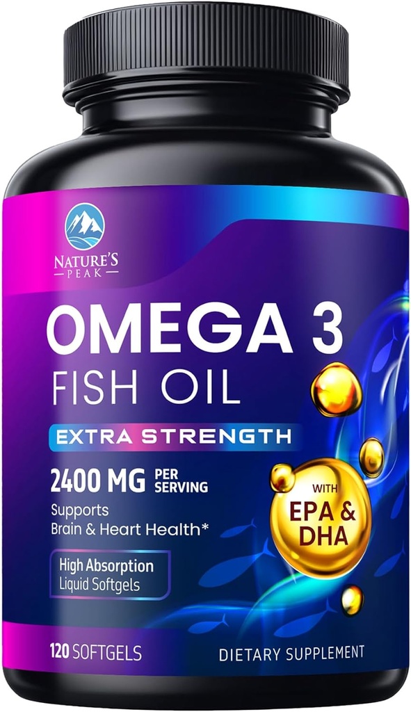 Omega 3 Fish Oil 2400 mg Supplement, Sustainable Sourced, Triple Strength Omega-3 Supplement Softgels, Brain Health Support, EPA & DHA Fish Oil Fatty Acids Supplements, Gluten & GMO Free, 120 Softgels