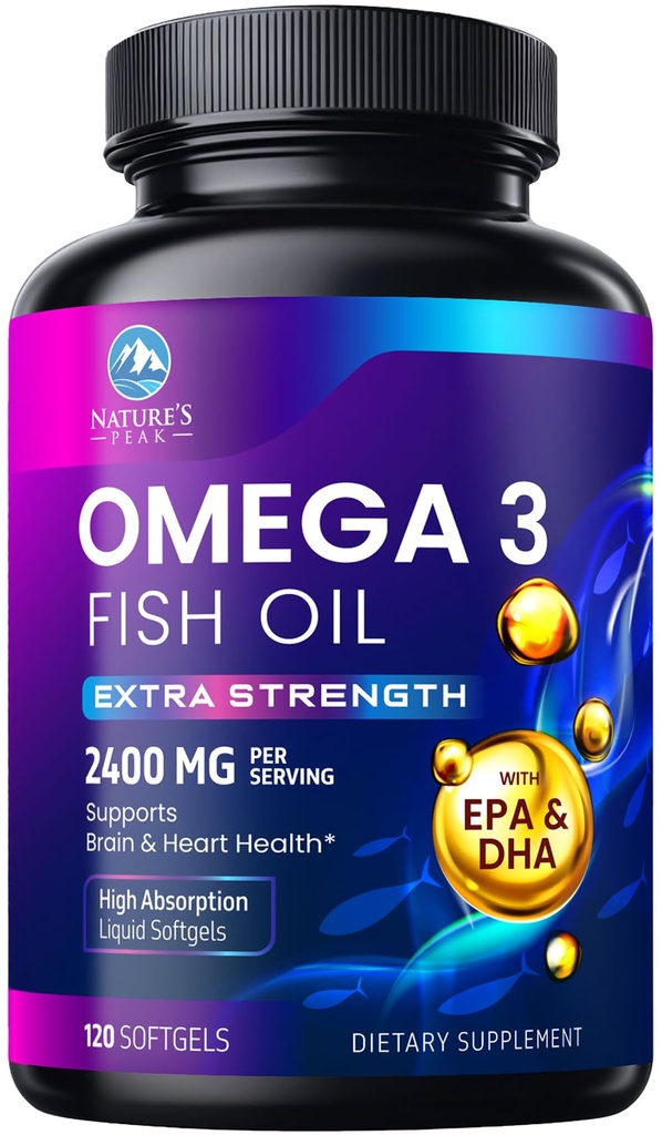 Omega 3 Fish Oil Supplements - 2400mg Fish Oil Per Serving - Triple Strength Omega-3 with Fatty Acids EPA & DHA - Natural Heart, Brain & Immune Support - Wild Caught, Bottled in USA - 120 Softgels