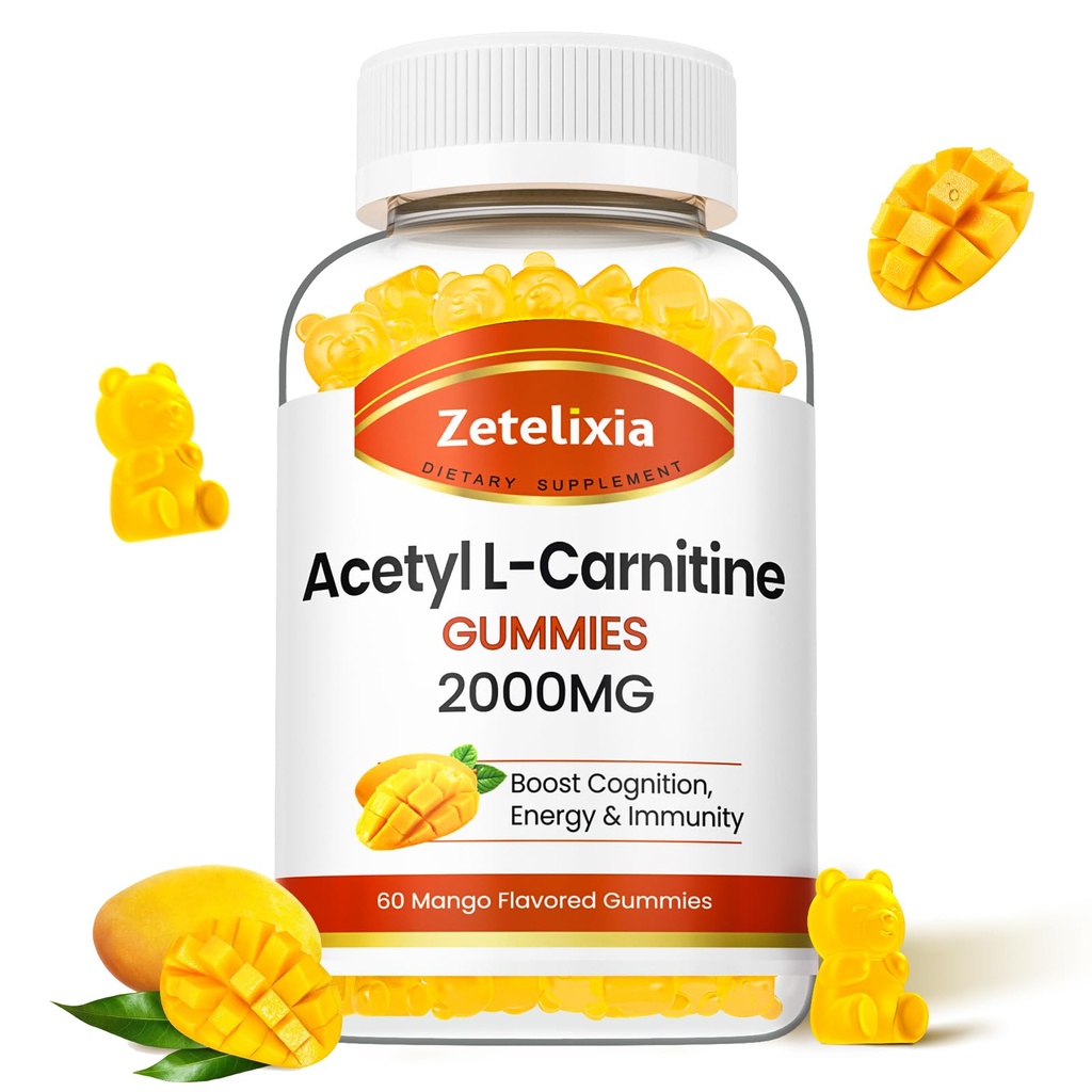 Acetyl L-Carnitine Gummies, L-Carnitine Supplement for Women & Men, Nutrition Supplement for Boost Energy, Immunity & Brain Health, Vegan, Non-GMO, Mango Flavor, 60 Count